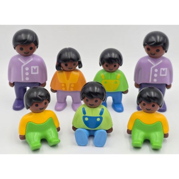 Vintage Playmobil 123 African American 7 Figures Dads Kids Babies 1990 Geobra - Picture 1 of 6